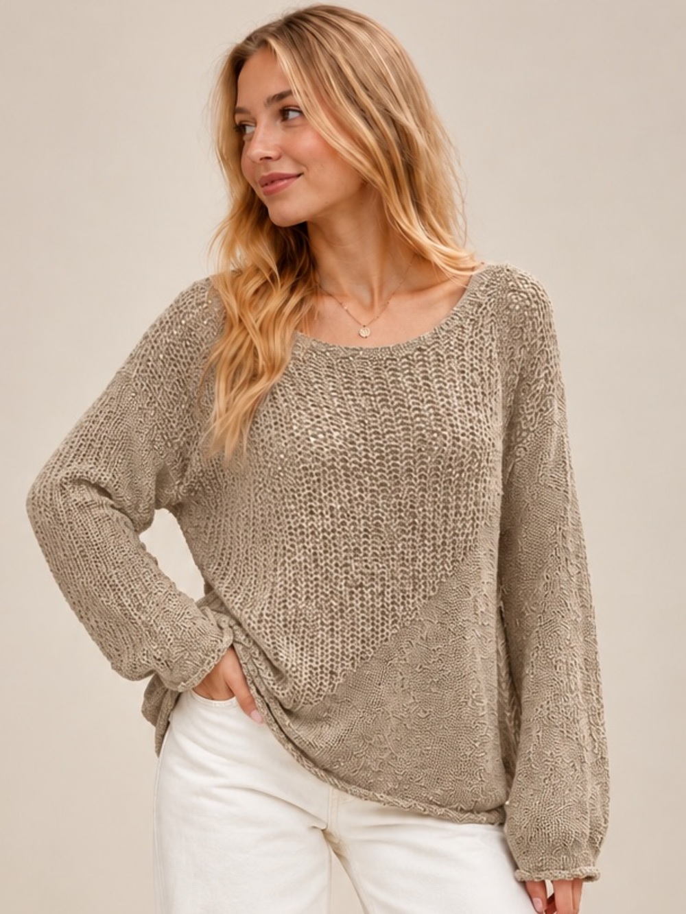 Miracle Beige Mixed Knit Textured Lightweight Sweater